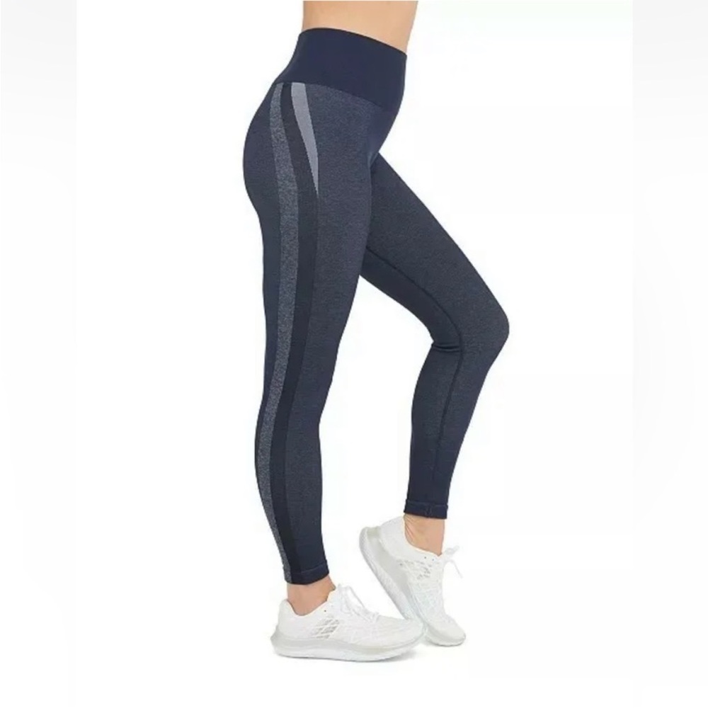 NWT Spanx Look at Me Now Seamless Track Stripe Leggings Blue Navy Haze Medium
